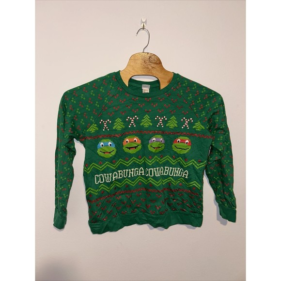 Nickelodeon Ugly Christmas Sweatshirt Large Ninja Turtle Digital Cowabunga Tacky - Picture 1 of 5